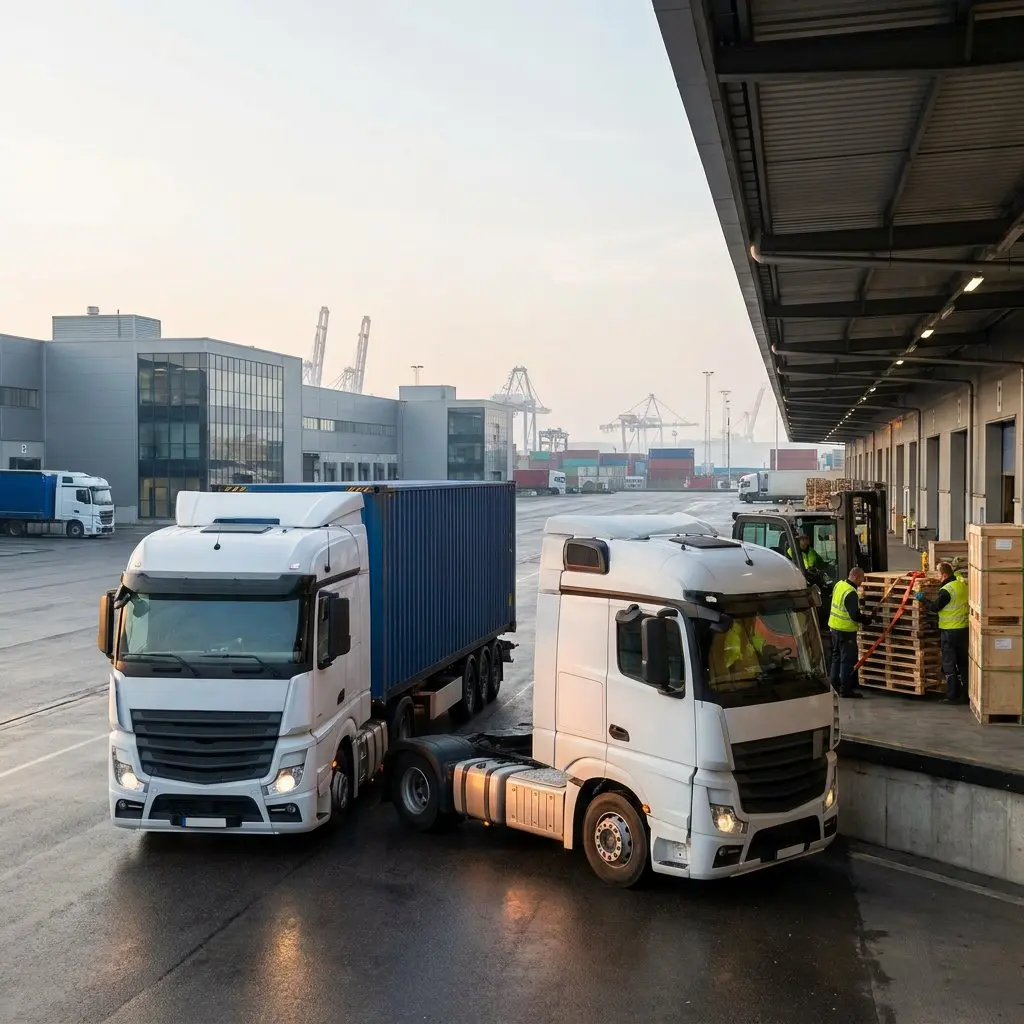 Translog Europe truck between warehouses at a port logistics site at sunrise